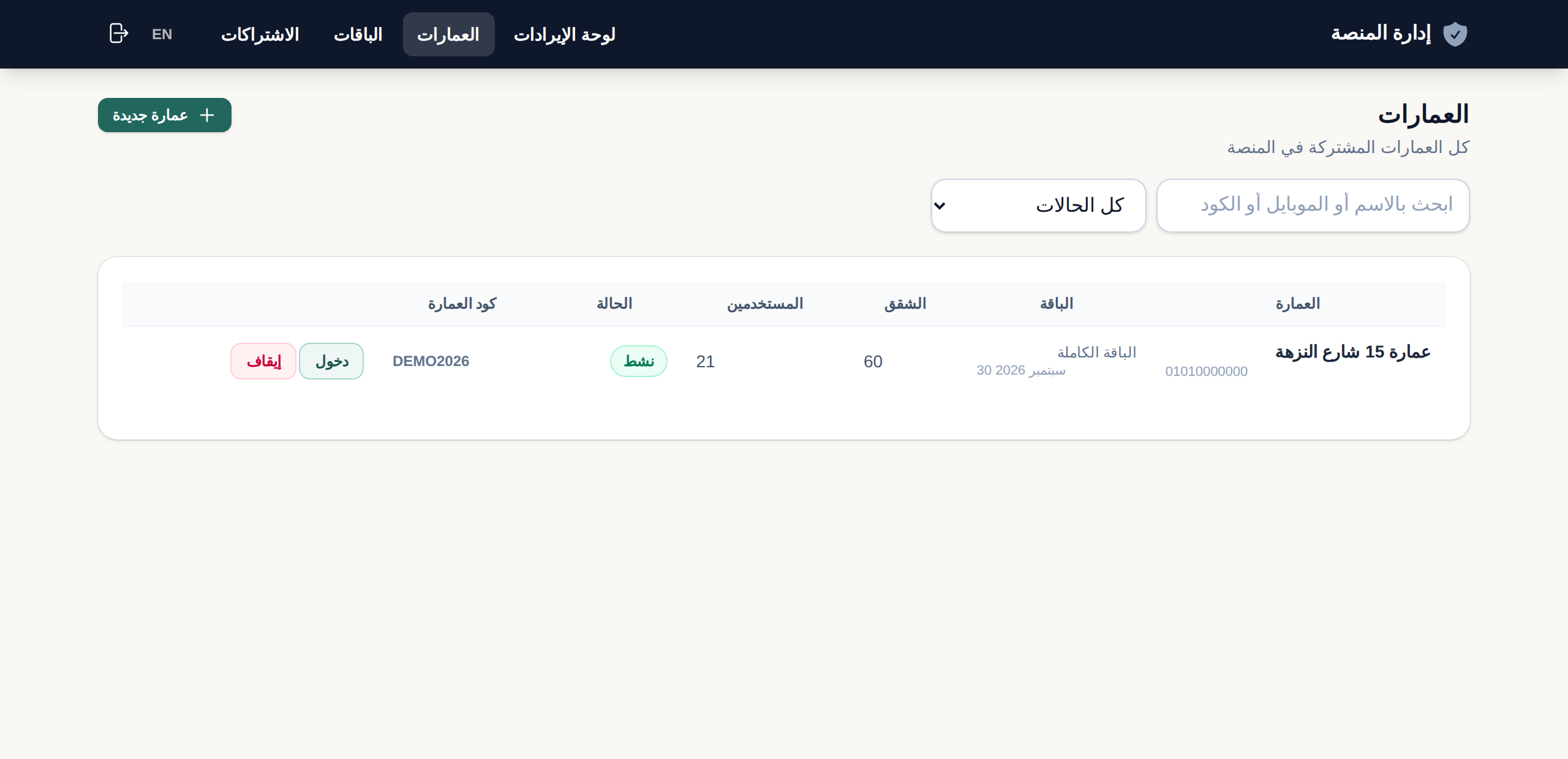 لوحة إدارة المنصة